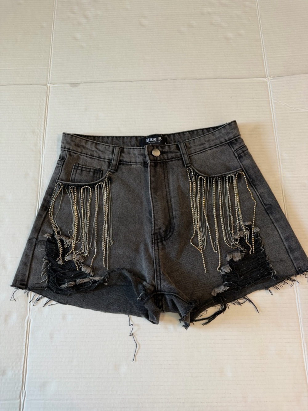 Blue B Black Distressed Denim Shorts with Chain Fringe